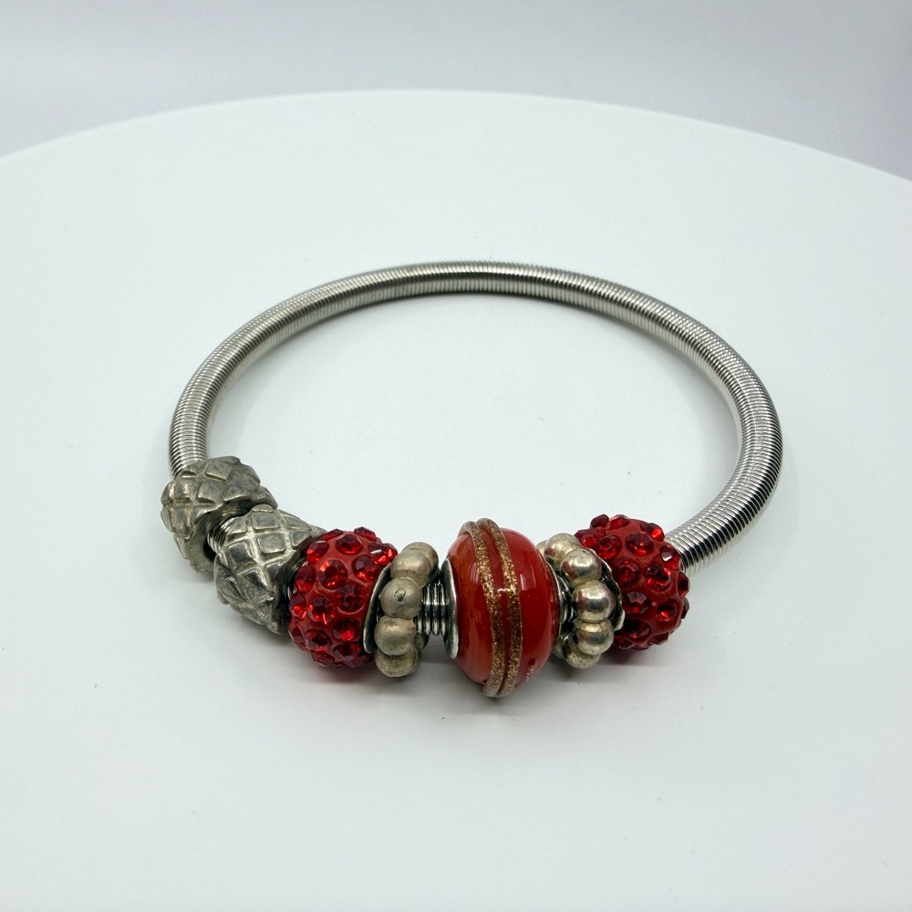 VTG Silver Tone Red Glass European Charm Expandable Coil Bracelet